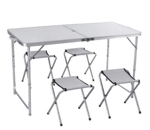 Kempingový stôl so 4 stoličkami v bielej farbe