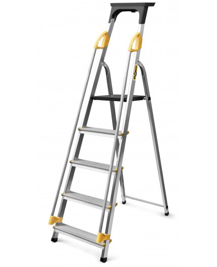 Hliníkový rebrík s 5 schodíkmi, zábradlím a nosnosťou 150 kg