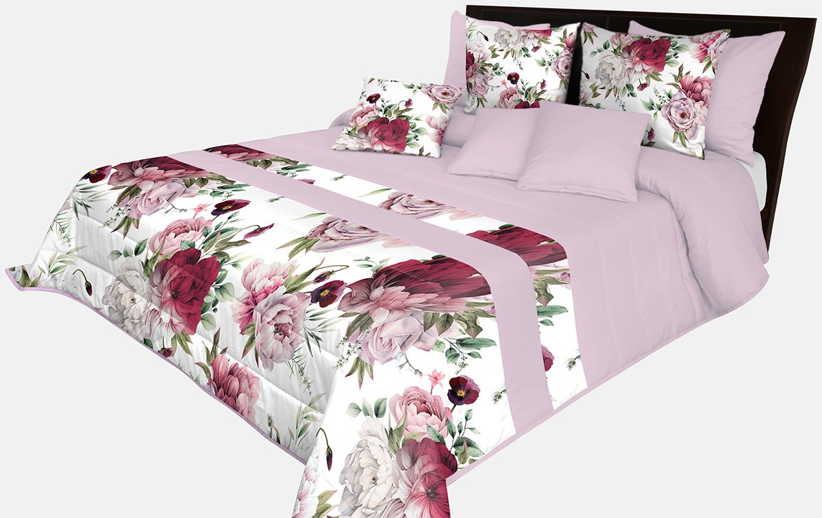 domtextilu.sk Prešívaný prehoz na posteľ v svetlo fialovej farbe s dokonalou potlačou ružových pivonií Šírka: 170 cm | Dĺžka: 210 cm 65857-239500