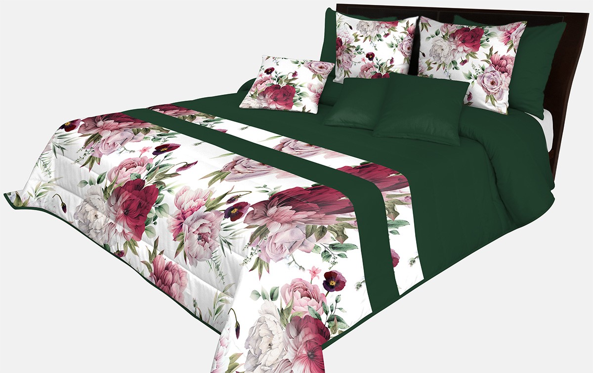domtextilu.sk Prešívaný prehoz na posteľ v smaragdovo zelenej farbe s dokonalou potlačou ružových pivonií Šírka: 200 cm | Dĺžka: 220 cm 65858-239507