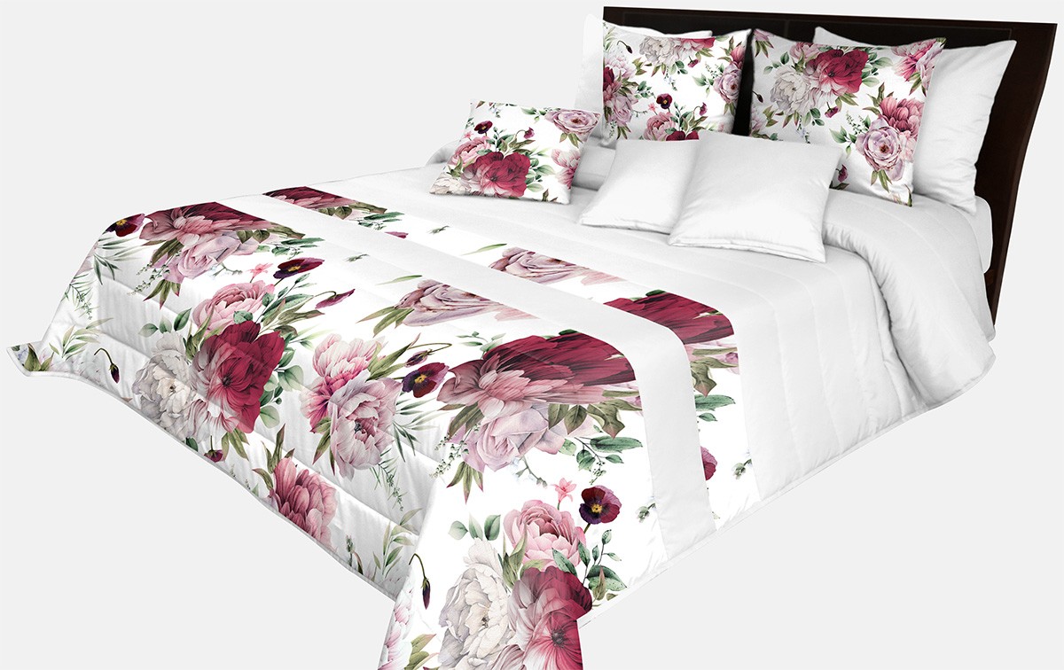 domtextilu.sk Prešívaný prehoz na posteľ v bielej farbe s dokonalou potlačou ružových a bordových pivonií Šírka: 200 cm | Dĺžka: 220 cm 65859-239516