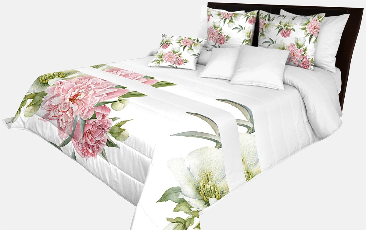 domtextilu.sk Prehoz na posteľ v bielej farbe s potlačou veľkej ružovej kvetiny a zelených listov Šírka: 240 cm | Dĺžka: 240 cm 65867-239575