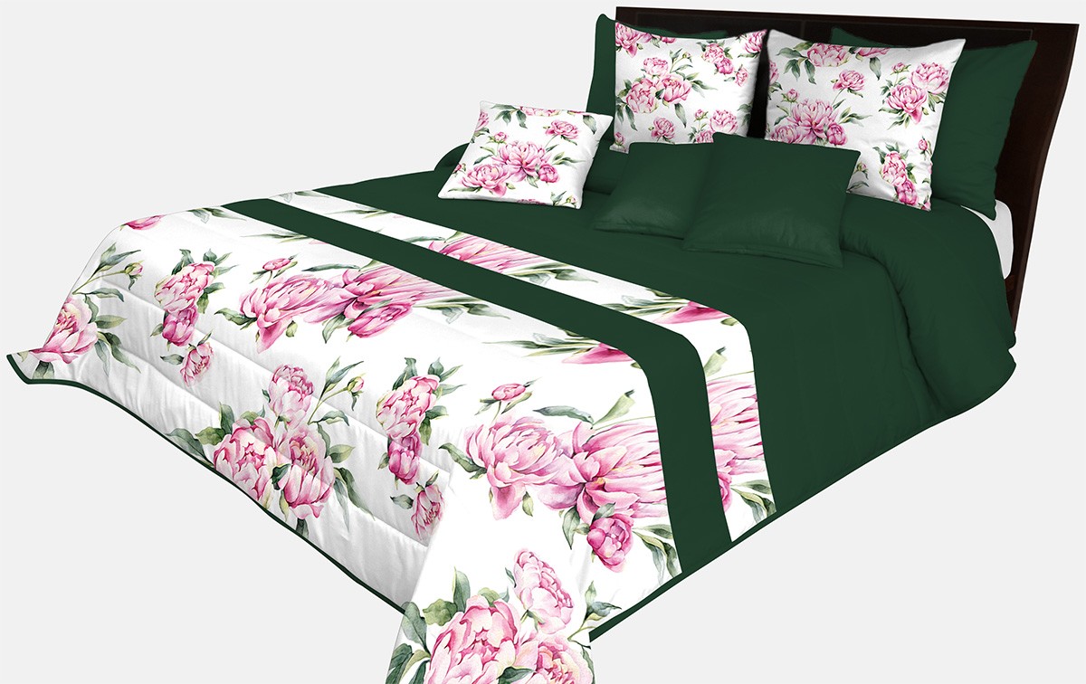 domtextilu.sk Prehoz na posteľ v krásnej tmavo zelenej farbe s potlačou ružových kvetín a zelených listov Šírka: 200 cm | Dĺžka: 220 cm 65869-239586