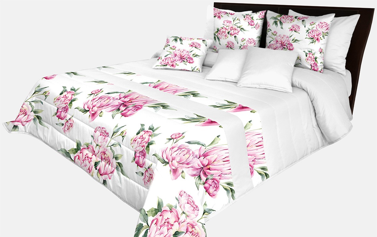 domtextilu.sk Prehoz na posteľ v krásnej bielej farbe s potlačou ružových kvetín a zelených listov Šírka: 240 cm | Dĺžka: 240 cm 65870-239594