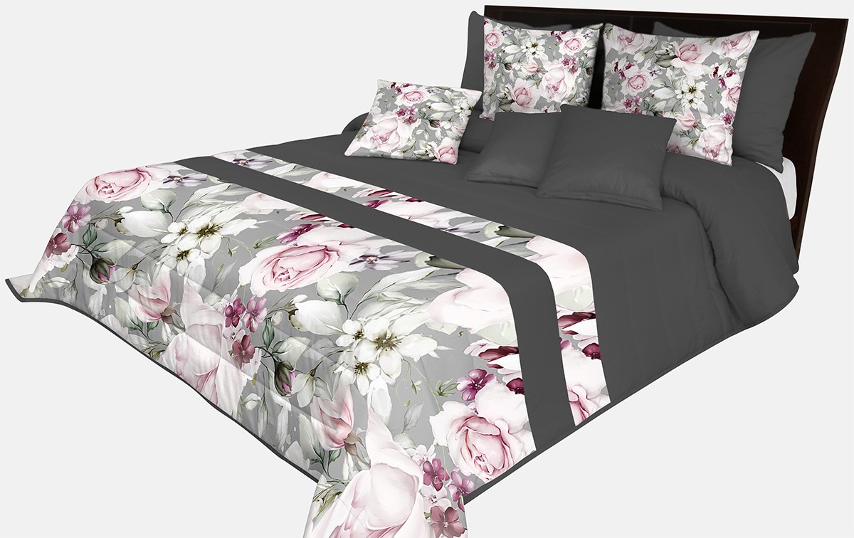 domtextilu.sk Romantický prehoz na posteľ v šedo-čiernej farbe s nádhernými ružovými kvetinami rôznych druhov Šírka: 260 cm | Dĺžka: 240 cm 65889-239714