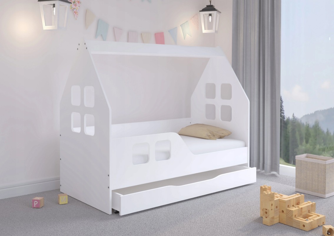 domtextilu.sk domtextilu.sk Okúzľujúca detská posteľ so šuflíkom 160 x 80 cm bielej farby v tvare domčeka 67085 67085