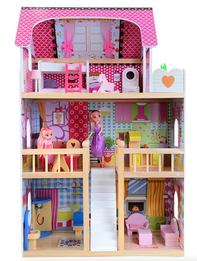 domtextilu.sk Krásny drevený domček pre bábiky s RGB LED osvetlením + 2 bábiky 67301