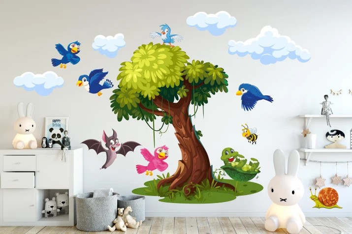 domtextilu.sk Nálepka na stenu pre deti strom a veselé vtáčiky 60 x 120 cm