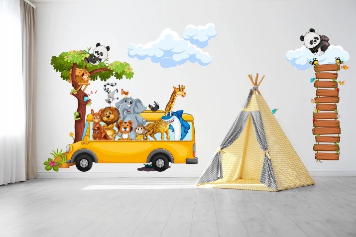 domtextilu.sk Nálepka na stenu pre deti veselé safari zvieratká v autobuse 120 x 240 cm