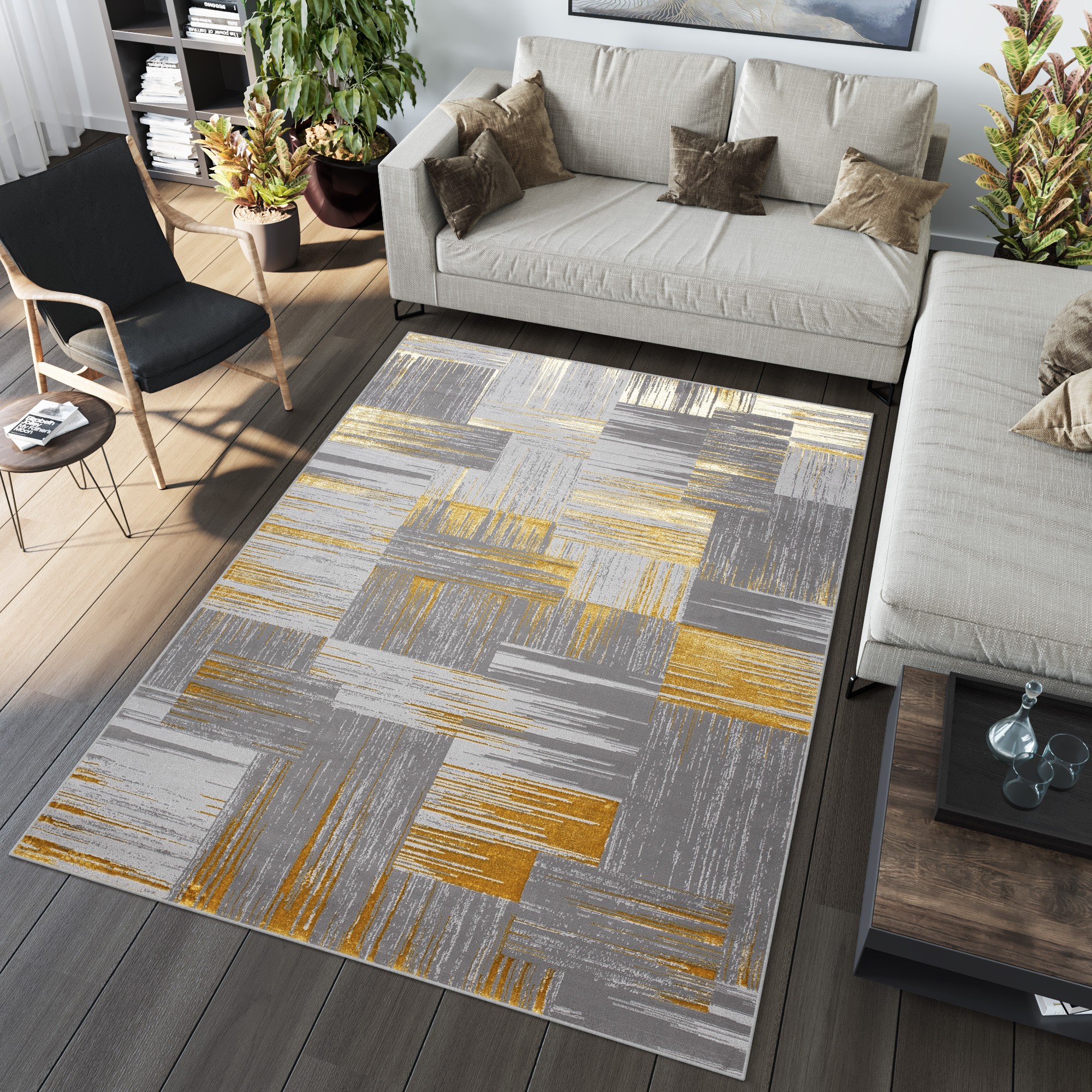 domtextilu.sk Moderný sivý koberec do obývačky so zlatým motívom 68182-243126