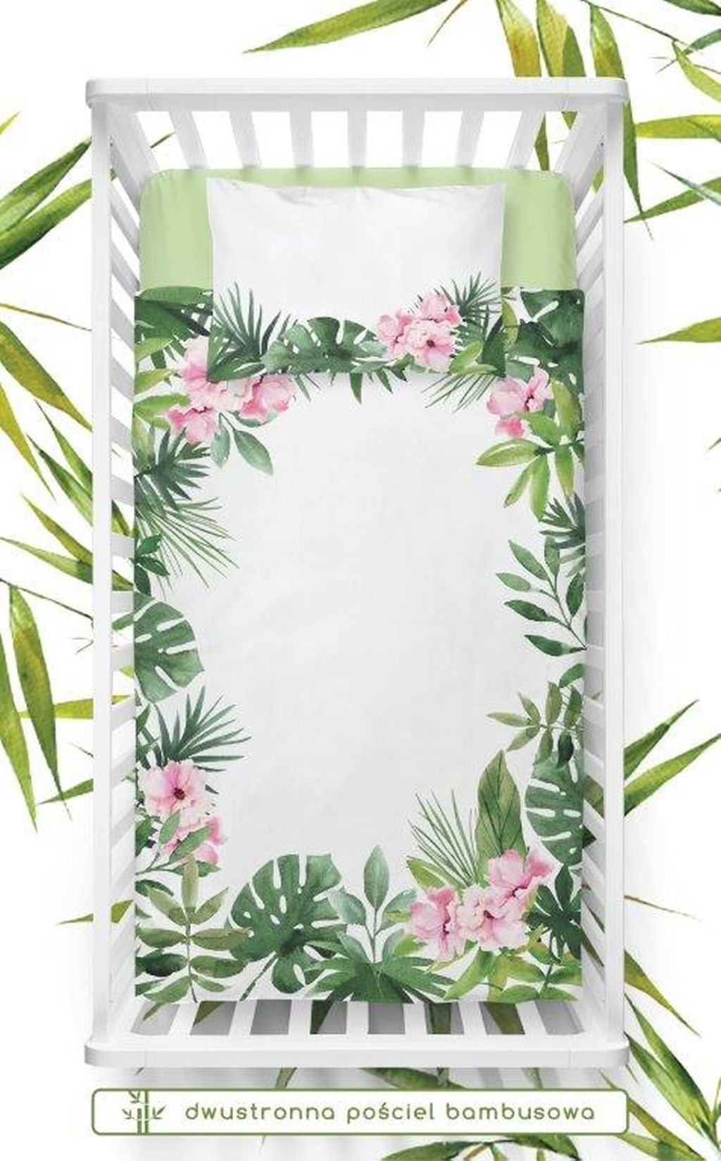 domtextilu.sk Obojstranné bambusové obliečky pre deti v bielej farbe s tropickým lístím a ružovými kvetinami 32274-162393
