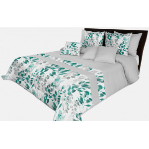 Kvalitný prehoz na posteľ sivej farby s krásnymi tyrkysovými listami