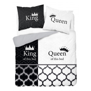 Čiernobiele posteľné obliečky s nápismi King & Queen