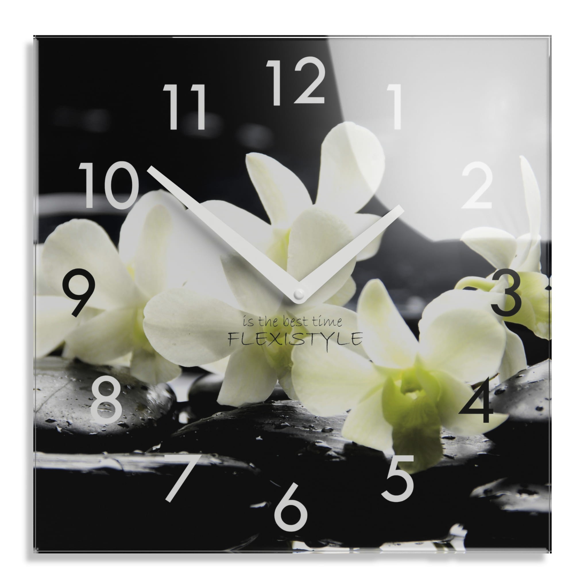 E-shop domtextilu.sk Dekoračné sklenené hodiny 30 cm s bielou orchideou 57327