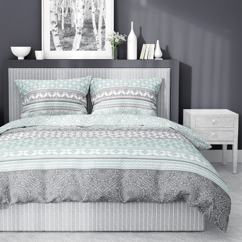 Vzorovaná modrá posteľná bielizeň z bavlneného saténu
