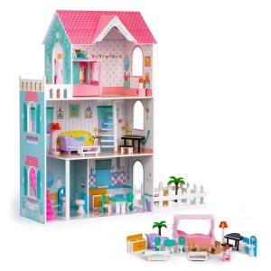 Rozprávkový farebný drevený domček pre bábiky s nábytkom