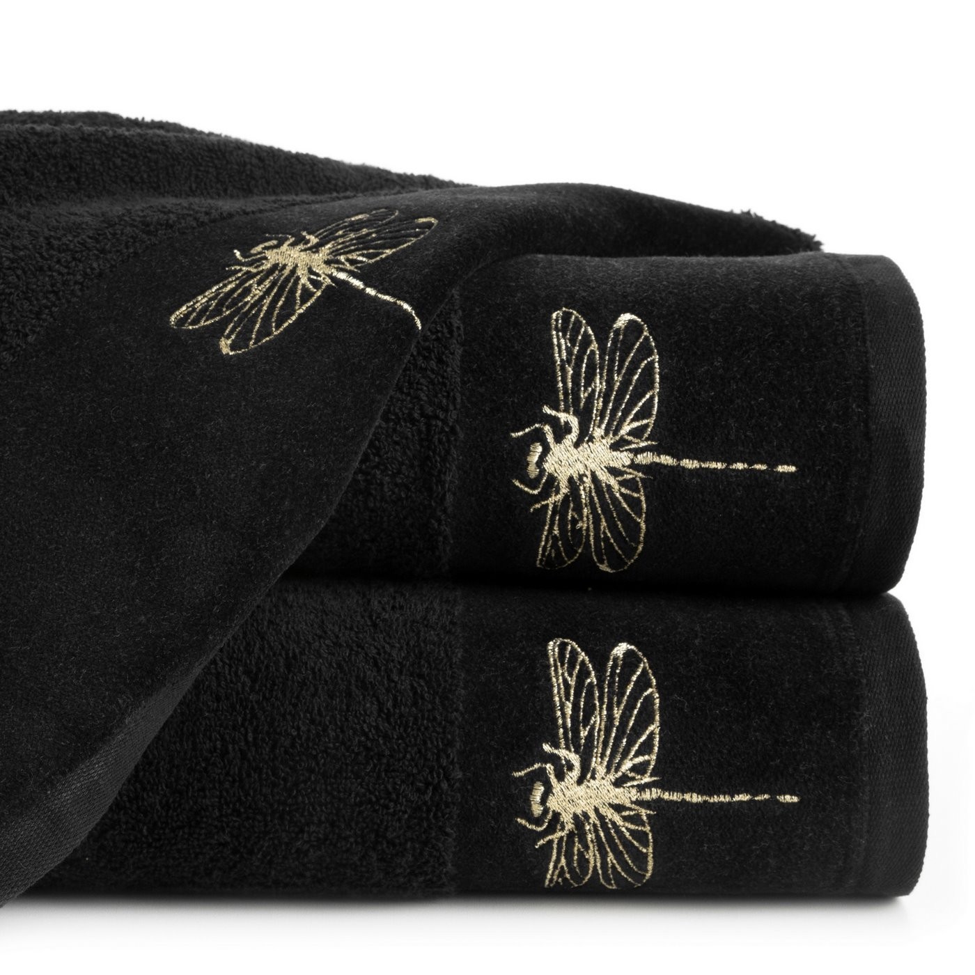 Osuška v čiernej farbe s výšivkou vážky prešívanou zlatou niťou Šírka: 50 cm | Dĺžka: 90 cm