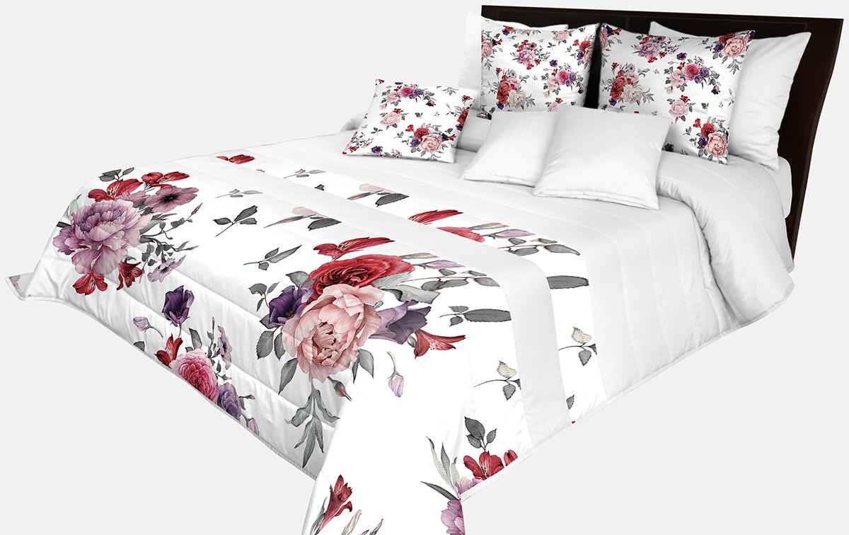 domtextilu.sk Romantický prehoz na posteľ v bielej farbe s nádhernými ružovo-fialovými kvetinami Šírka: 240 cm | Dĺžka: 260 cm 65875-239635