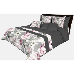 Romantický prehoz na posteľ v šedo-čiernej farbe s nádhernými ružovými kvetinami rôznych druhov