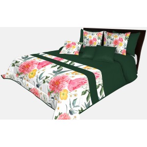 Prehoz na posteľ v dokonalej zelenej farbe s farebnými kvetinami 