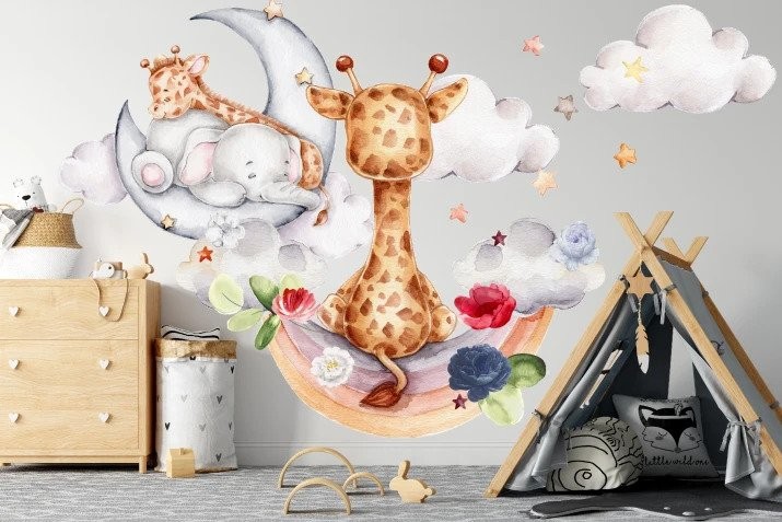 domtextilu.sk Nálepka na stenu so sloníkom a žirafou v oblakoch 60 x 120 cm