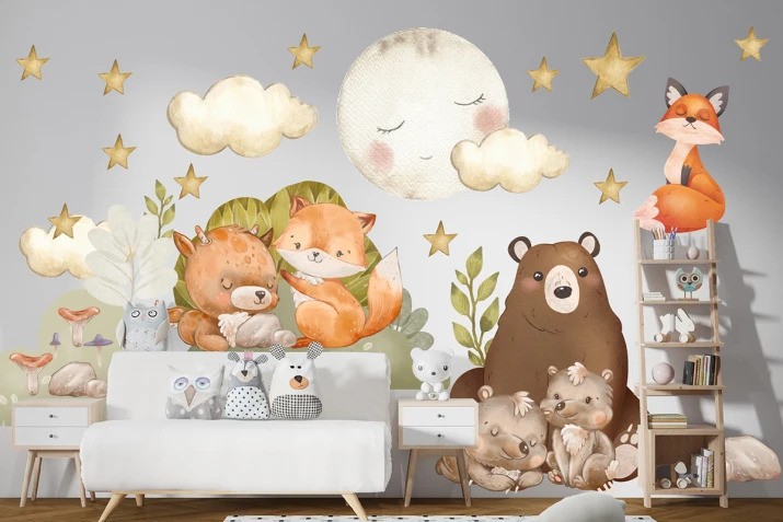 E-shop domtextilu.sk Nálepka na stenu pre deti lesné zvieratká a nočná obloha 100 x 200 cm