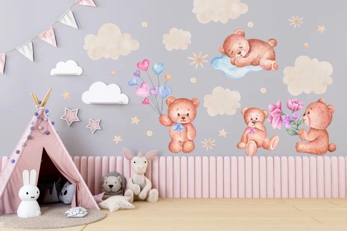E-shop domtextilu.sk Nálepka na stenu pre deti krajina medvedíkov 100 x 200 cm
