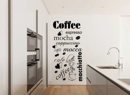 E-shop domtextilu.sk Nálepka na stenu do kuchyne s názvami rôznych druhov kávy 50 x 100 cm