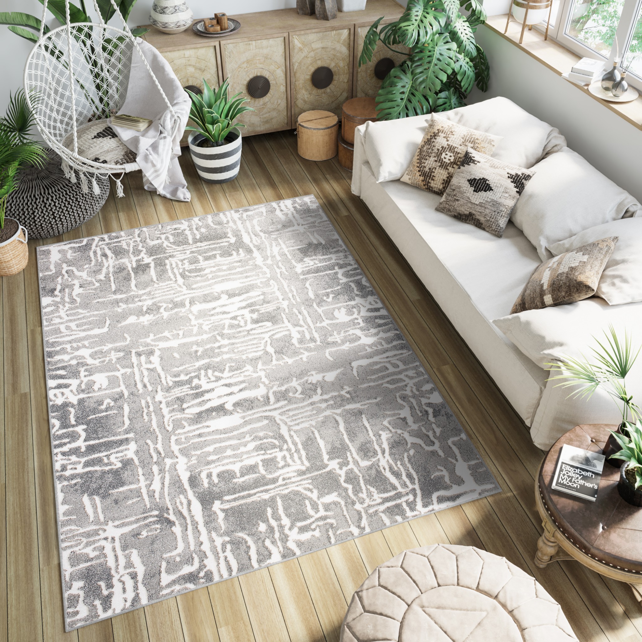 domtextilu.sk Sivý dizajnový koberec so svetlým abstraktným vzorom 68361-243366