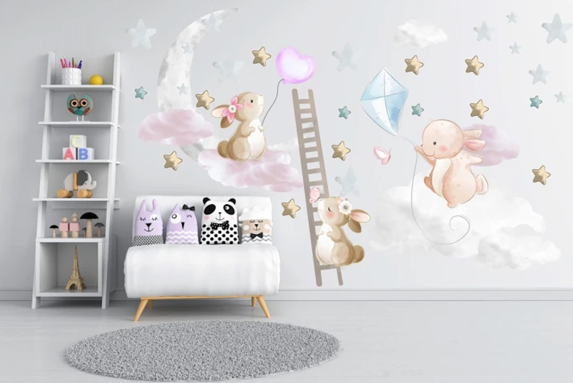 E-shop domtextilu.sk Ružová nálepka na stenu s roztomilými zajačikmi 80 x 160 cm 46199