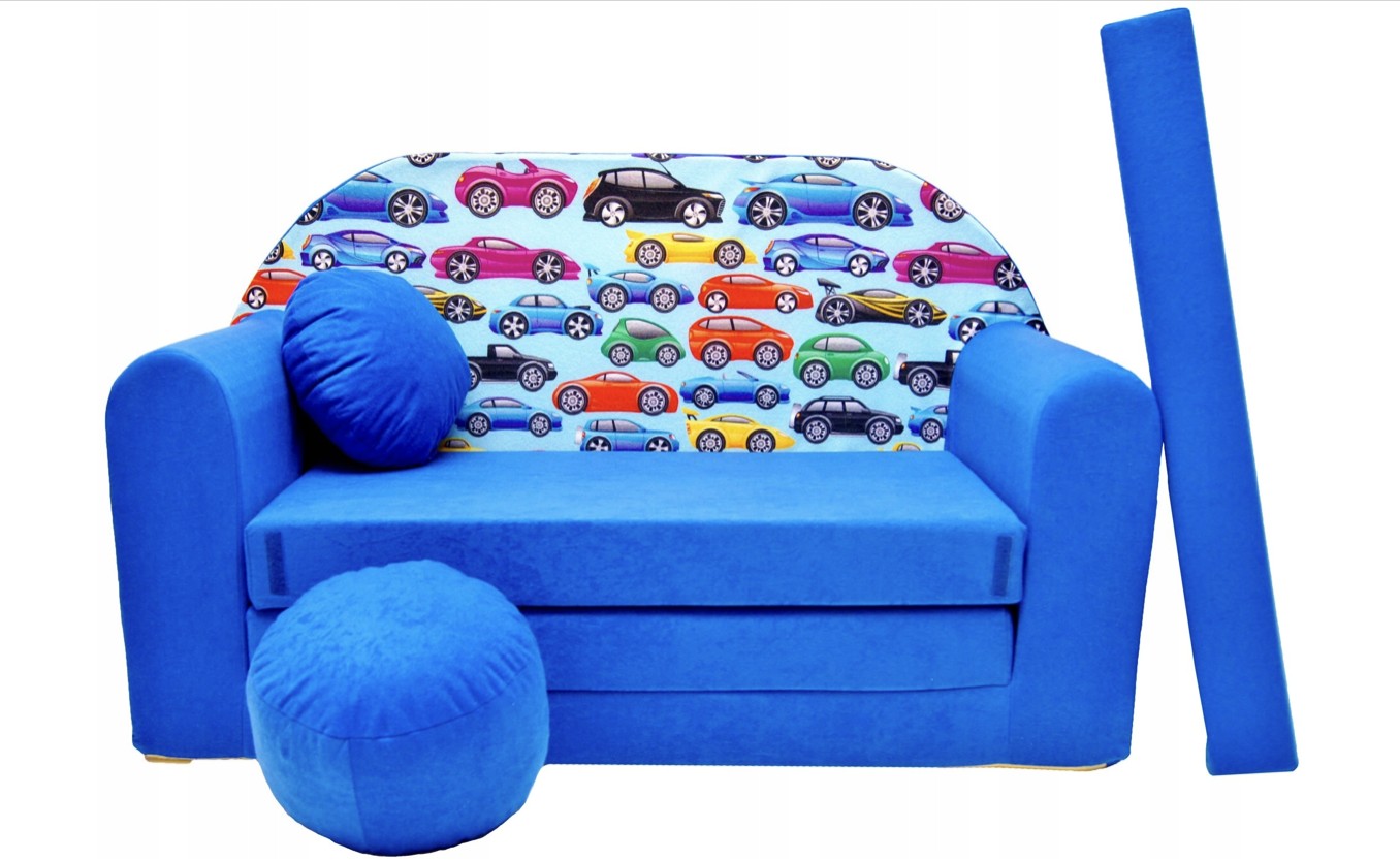 E-shop Detská modrá rozkladacia pohovka s farebnými autami 98 x 170 cm