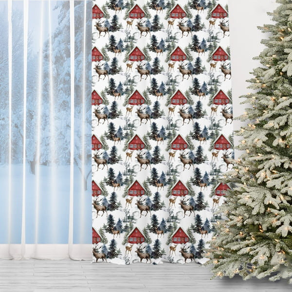 E-shop domtextilu.sk Vianočný záves s motívom - červený domček v lese 150 x 240 cm 71107