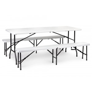 Cateringová súprava stôl 180cm + 2 lavice v bielej farbe