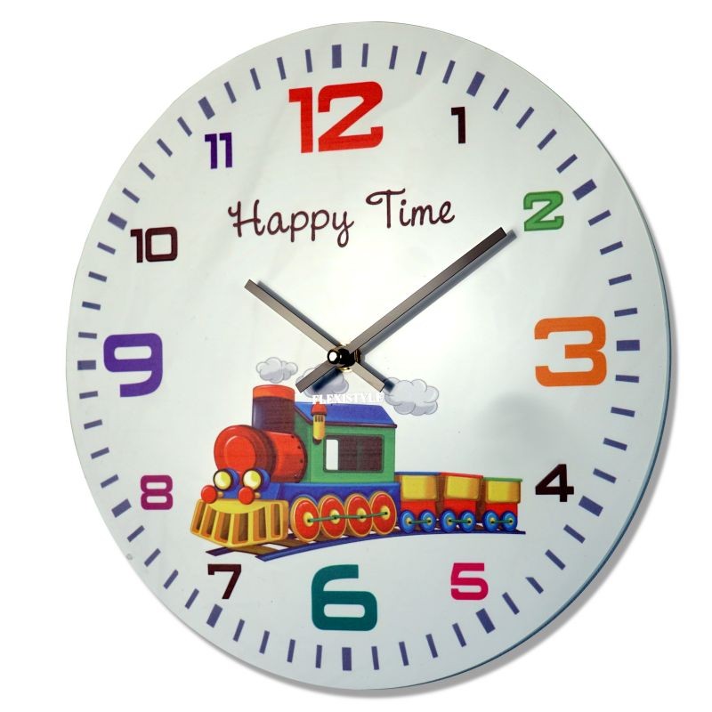 E-shop domtextilu.sk HAPPY TIME nástenné hodiny pre deti v bielej farbe s vláčikom 12767