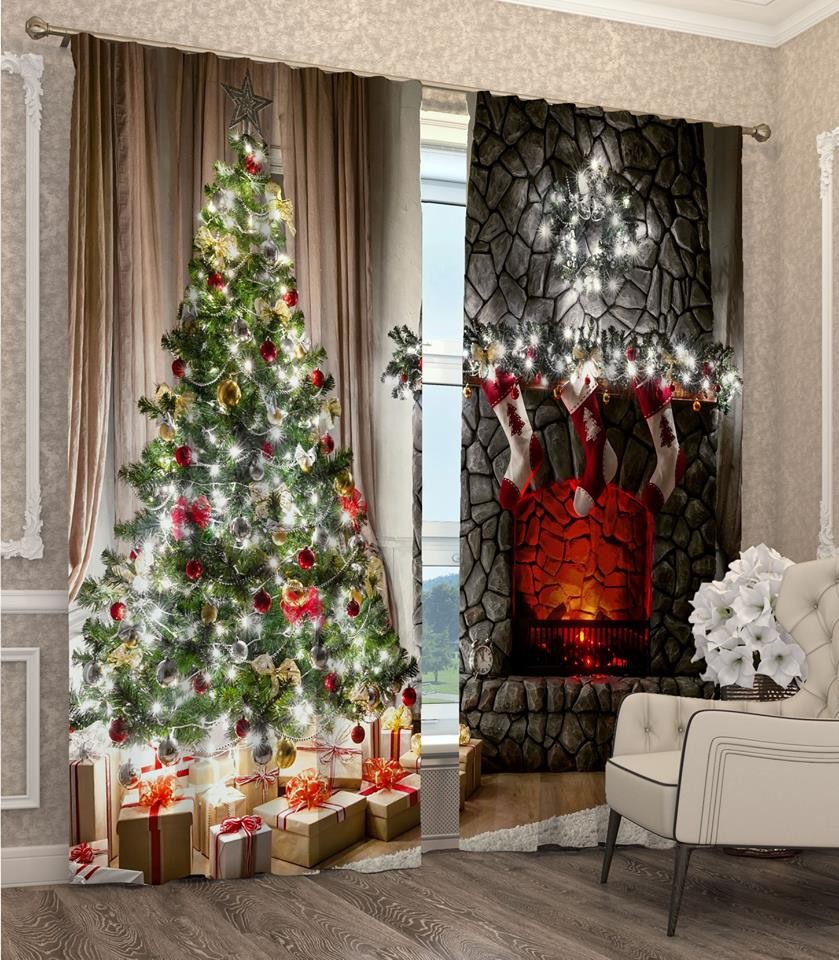 E-shop Závesy s 3D motívom vianočného stromčeka a krbu