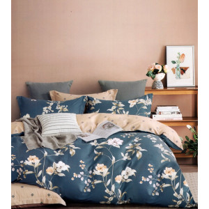Béžovo modré bavlnené posteľné obliečky s kvetmi