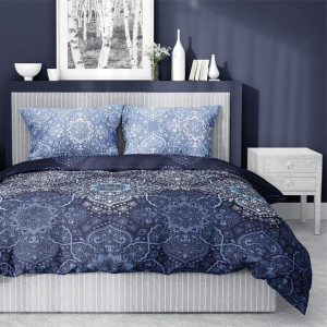 Modré bavlnené posteľné obliečky s ornamentom 