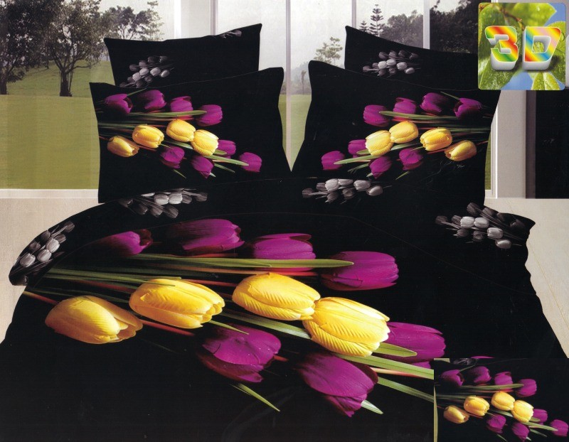 Luxusné posteľné obliečky 100% bavlnený satém tmavý čierny s tulipánmi