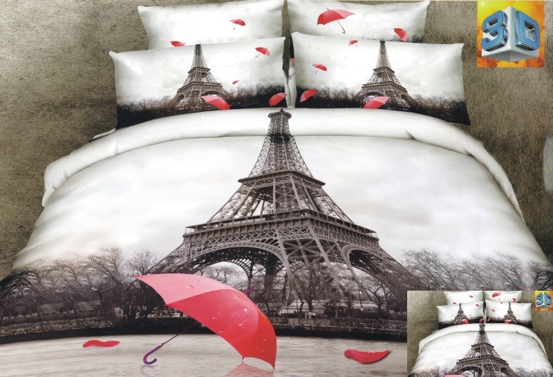 E-shop domtextilu.sk Bielo hnedé posteľné obliečky s motívom mesta Paríž a červeným dáždnikom 160 x 200 cm 3237