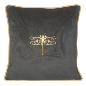Krásna čierna zamatová obliečka na vankúš s motívom zlatej vážky 45 x 45 cm 