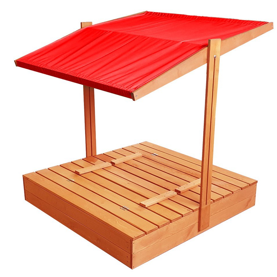 E-shop Zatvárateľné pieskovisko s lavičkami a strieškou červenej farby 120 x 120 cm