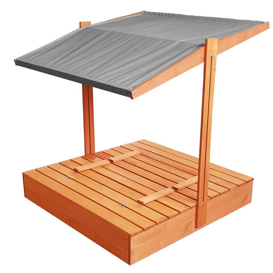 E-shop Zatvárateľné pieskovisko s lavičkami a strieškou sivej farby 120 x 120 cm
