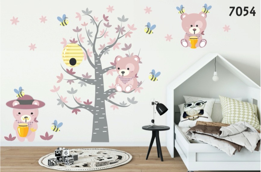 E-shop domtextilu.sk Krásna detská nálepka na stenu ružové medvedíky a včielky 80 x 160 cm 46389-217207