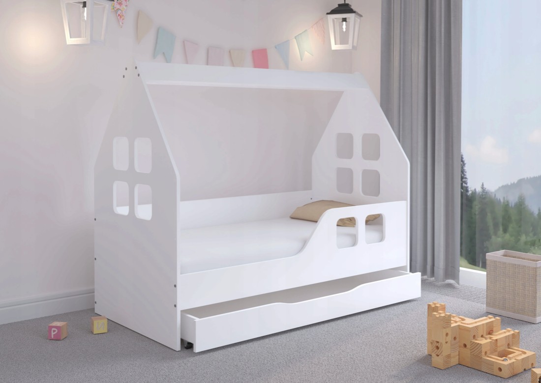 domtextilu.sk domtextilu.sk Očarujúca detská posteľ su šuflíkom 140 x 70 cm bielej farby v tvare domčeka 46414 46414