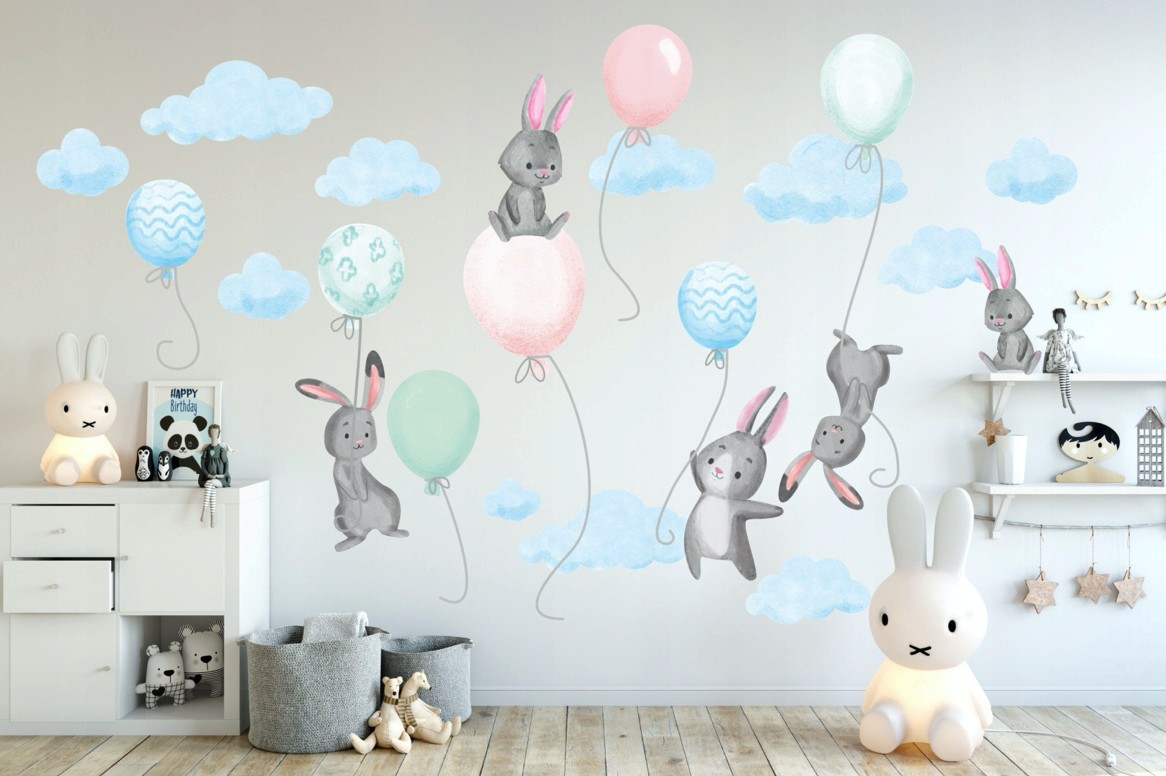 E-shop domtextilu.sk Modrá nálepka na stenu do detskej izby lietajúci zajaci s balónmi 80 x 160 cm 46577