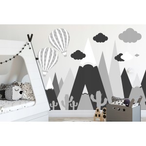 Moderná čierno sivá nálepka na stenu hory a lietajúce balóny 100 x 200 cm 
