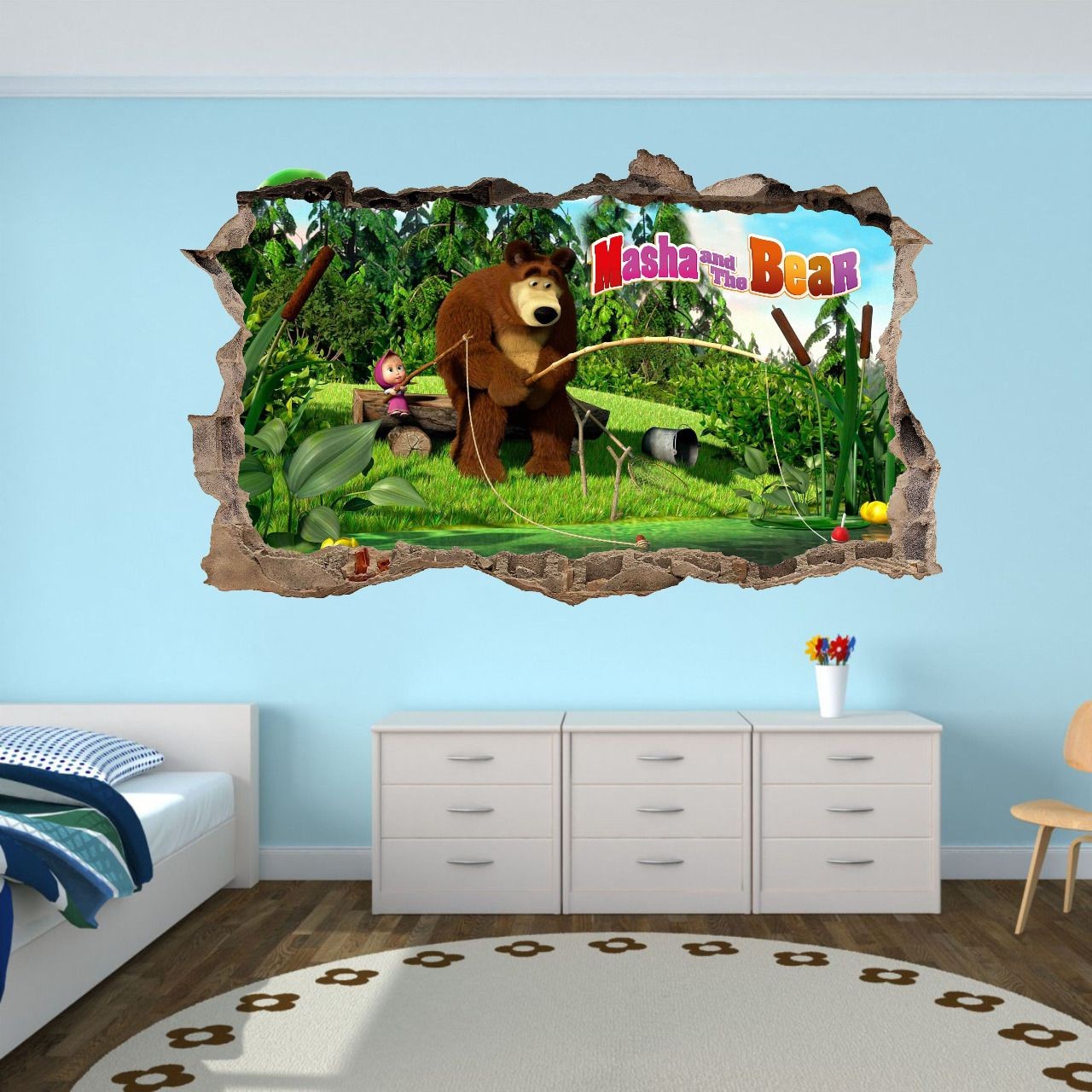 E-shop domtextilu.sk Úžasná detská nálepka na stenu Máša a medveď na rybačke 47x77cm 46701
