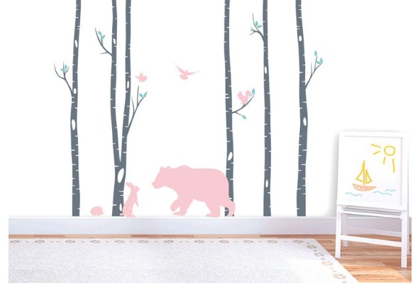 domtextilu.sk Úžasná detská nálepka na stenu s motívom ružového medveďa a lesa  46730  