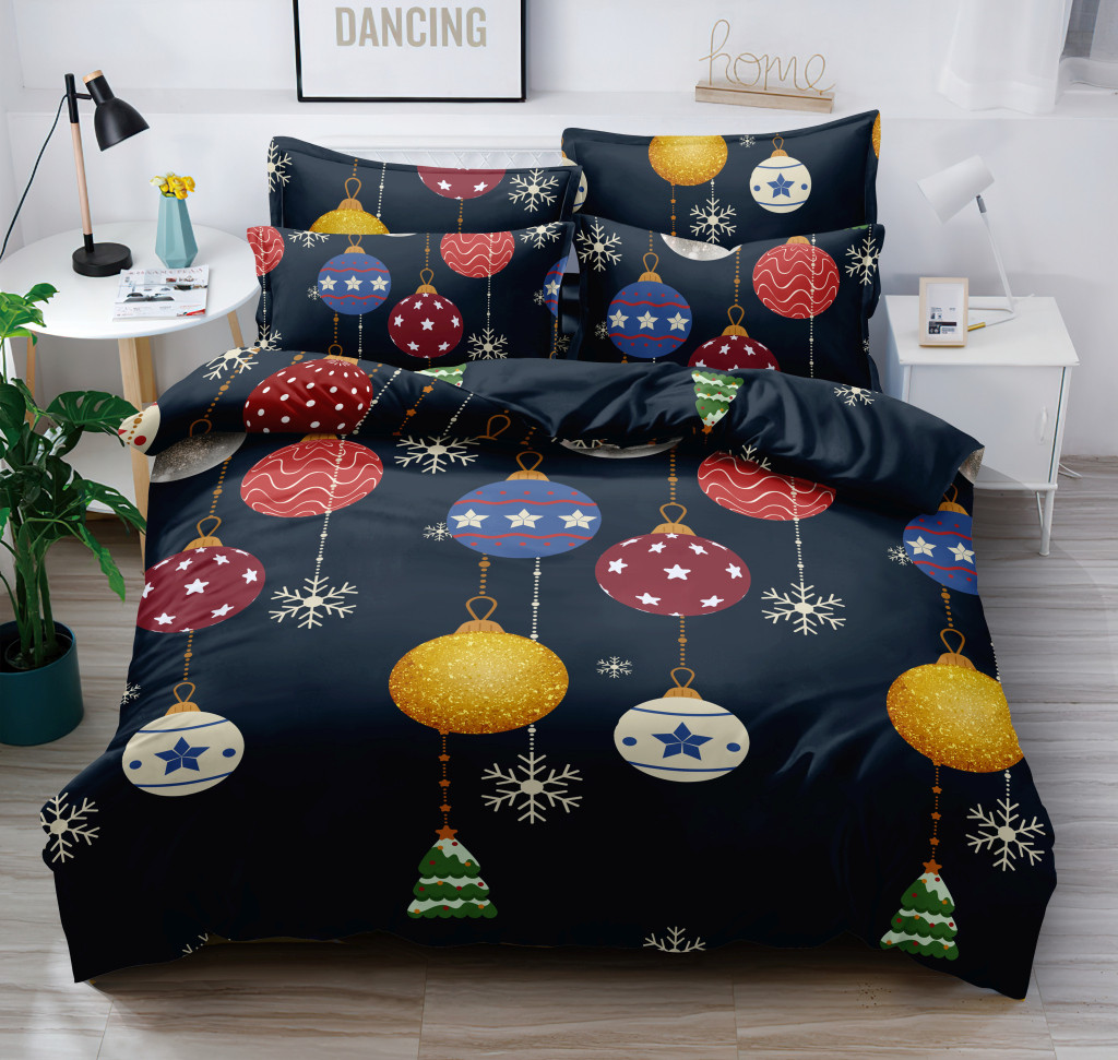 E-shop domtextilu.sk Kvalitné tmavo modré vianočné posteľné obliečky s farebnými ozdobami 4 časti: 1ks 200x220 + 2ks 70 cmx80 + plachta 47038-223195
